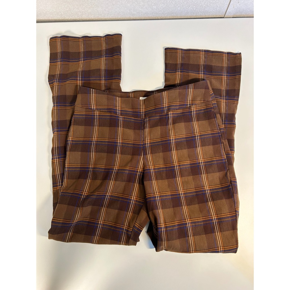 brown plaid midrise split flare stretch slacks pants womens size 10 retro preppy